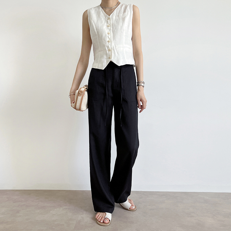 黑色亚麻窄版直筒裤女夏薄款垂感凉感抗皱抽绳高腰苎麻宽松阔腿裤