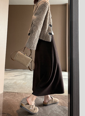 软糯咖色半身裙女秋冬棕色a字毛呢伞裙美拉德醋酸含羊毛混纺一步
