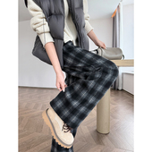 黑灰色格子裤 直筒阔腿裤 女秋加厚绵羊毛加长版 高个子休闲复古窄版