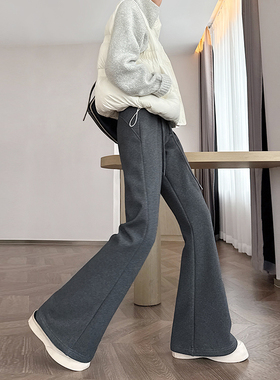 灰色加绒微喇叭裤女秋冬加厚高腰垂感加长版高个子不贴腿窄版直筒