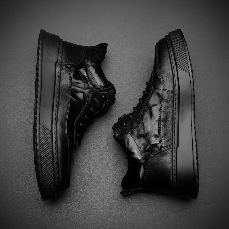 男鞋秋冬新款真皮加绒保暖高帮休闲皮鞋黑色厚底轻便中帮马丁靴潮