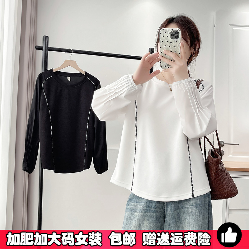 大码胖mm烫钻圆领卫衣女秋季上衣