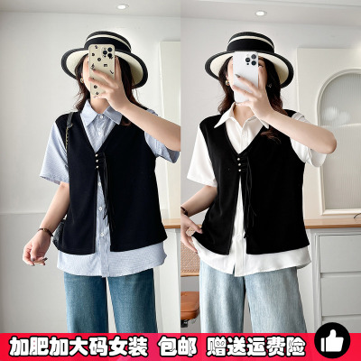 大码女装假两件polo领衬衫短袖夏