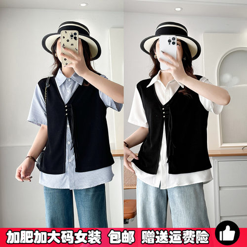 大码女装假两件polo领衬衫短袖夏