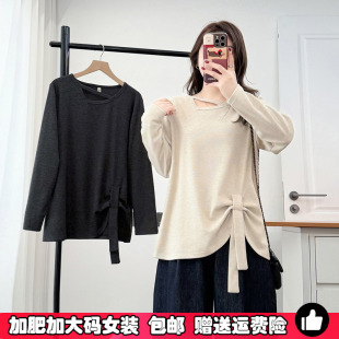 女春装 打底衫 胖mm宽松显瘦设计感镂空正肩上衣 不规则飘带长袖 大码