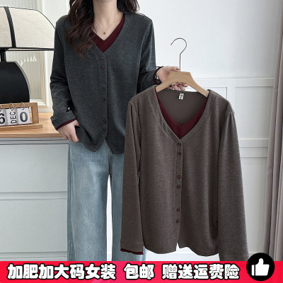 假两件V领长袖T恤女装大码打底衫