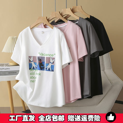 大码宽松显瘦V领卡通短袖T恤女