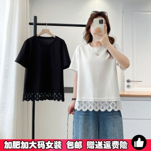 T恤上衣 胖MM200斤显瘦百搭正肩遮肚子短袖 蕾丝拼接短袖 体恤女大码