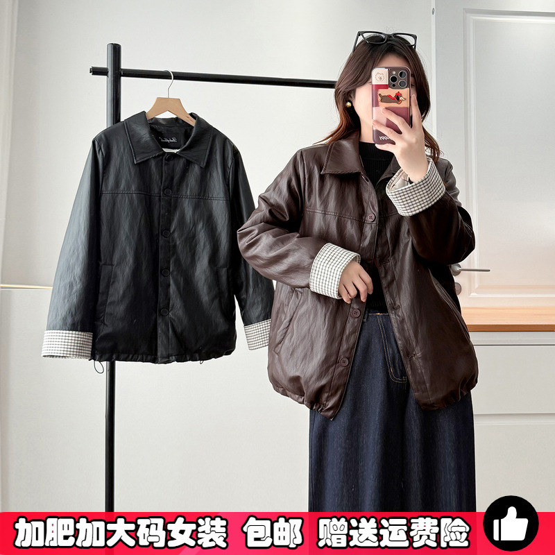 大码秋冬季复古加绒皮衣外套夹克