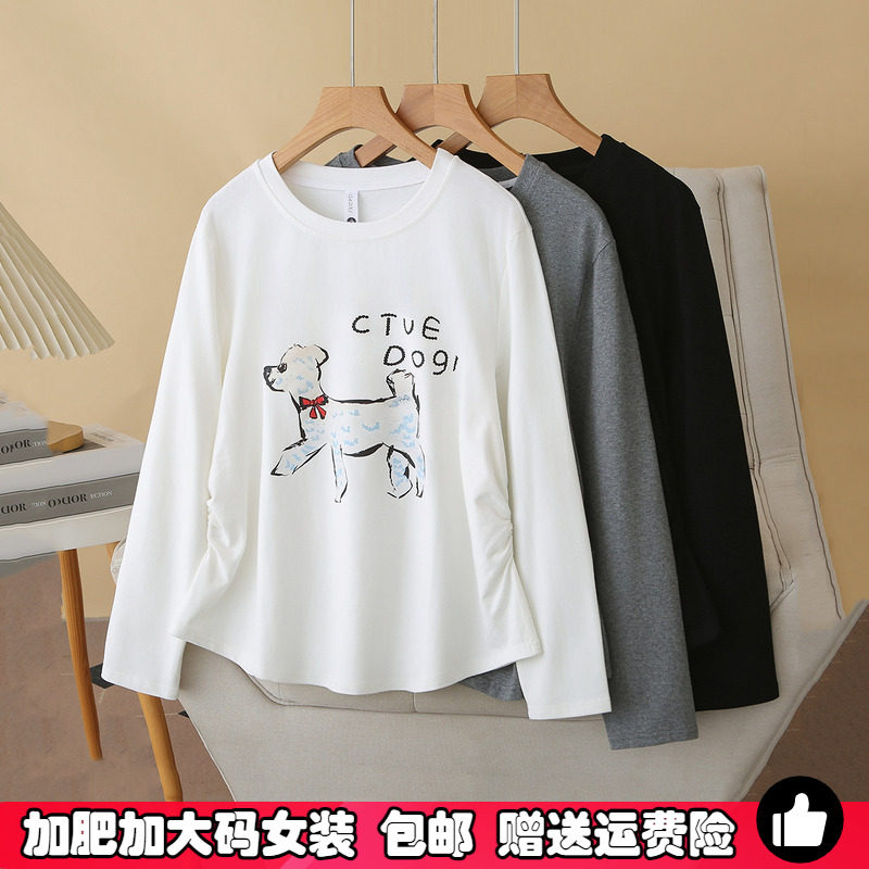 大码女装春秋设计感收腰长袖T恤胖mm遮肉显瘦打底衫印花卡通上衣