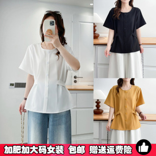 新款 上衣女2026年夏季 显瘦胖MM设计感腰带T恤 遮肚子收腰短袖 大码