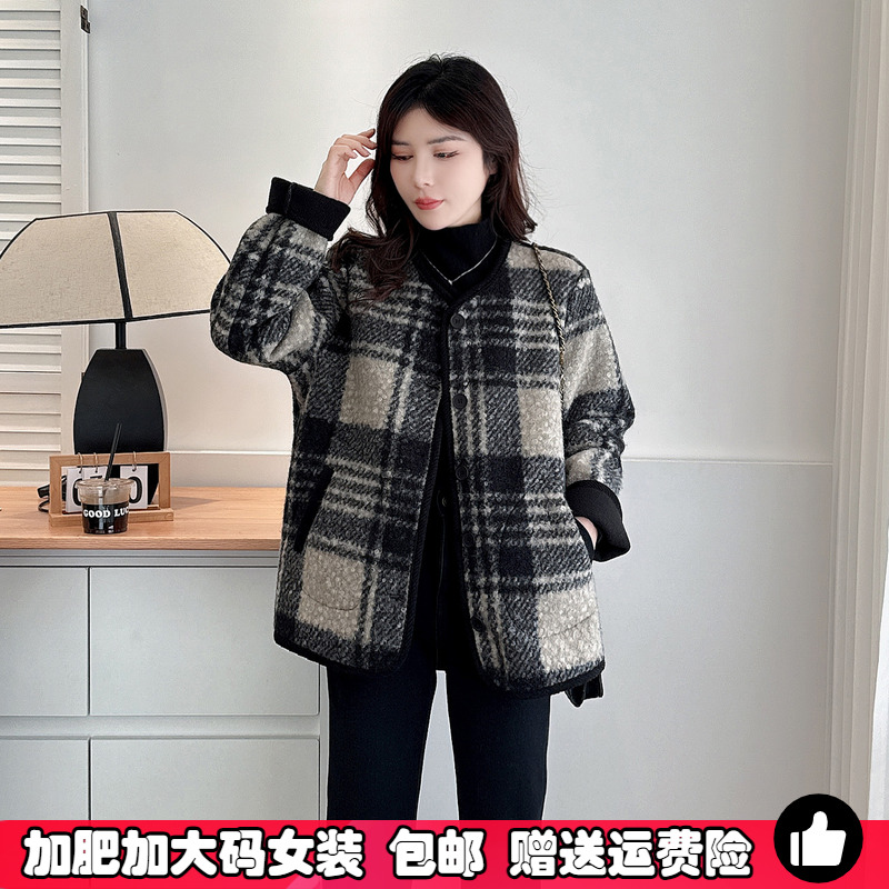 复古格子毛呢大衣女大码毛圈外套