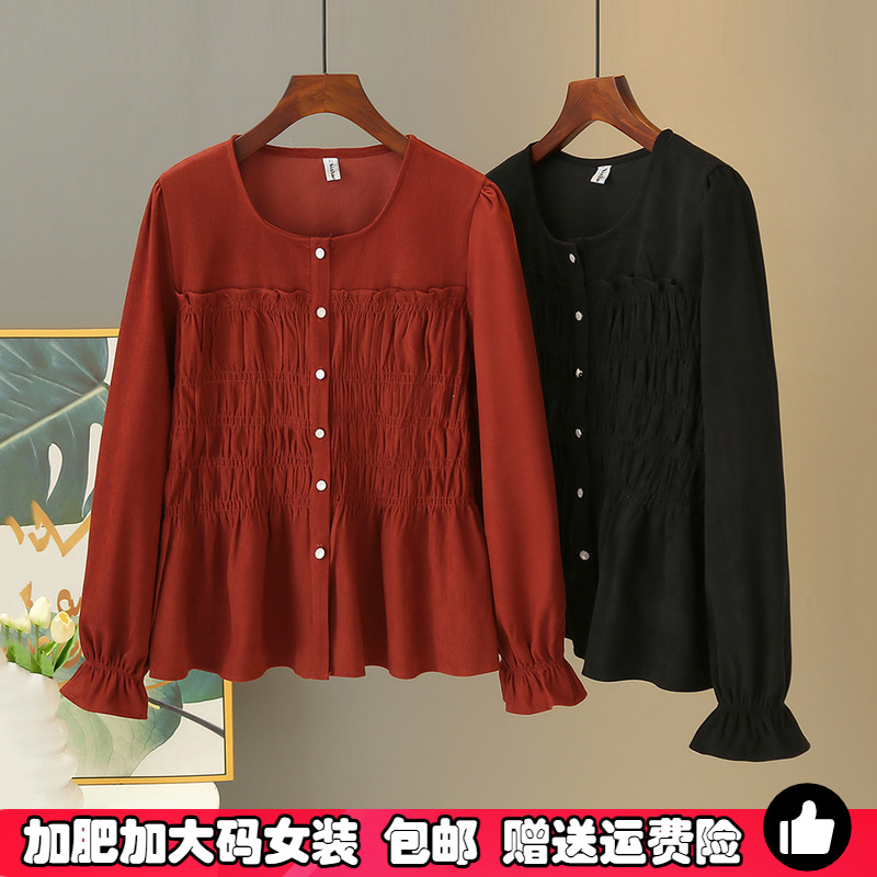 大码胖MM法式圆领花边长袖衬衫女