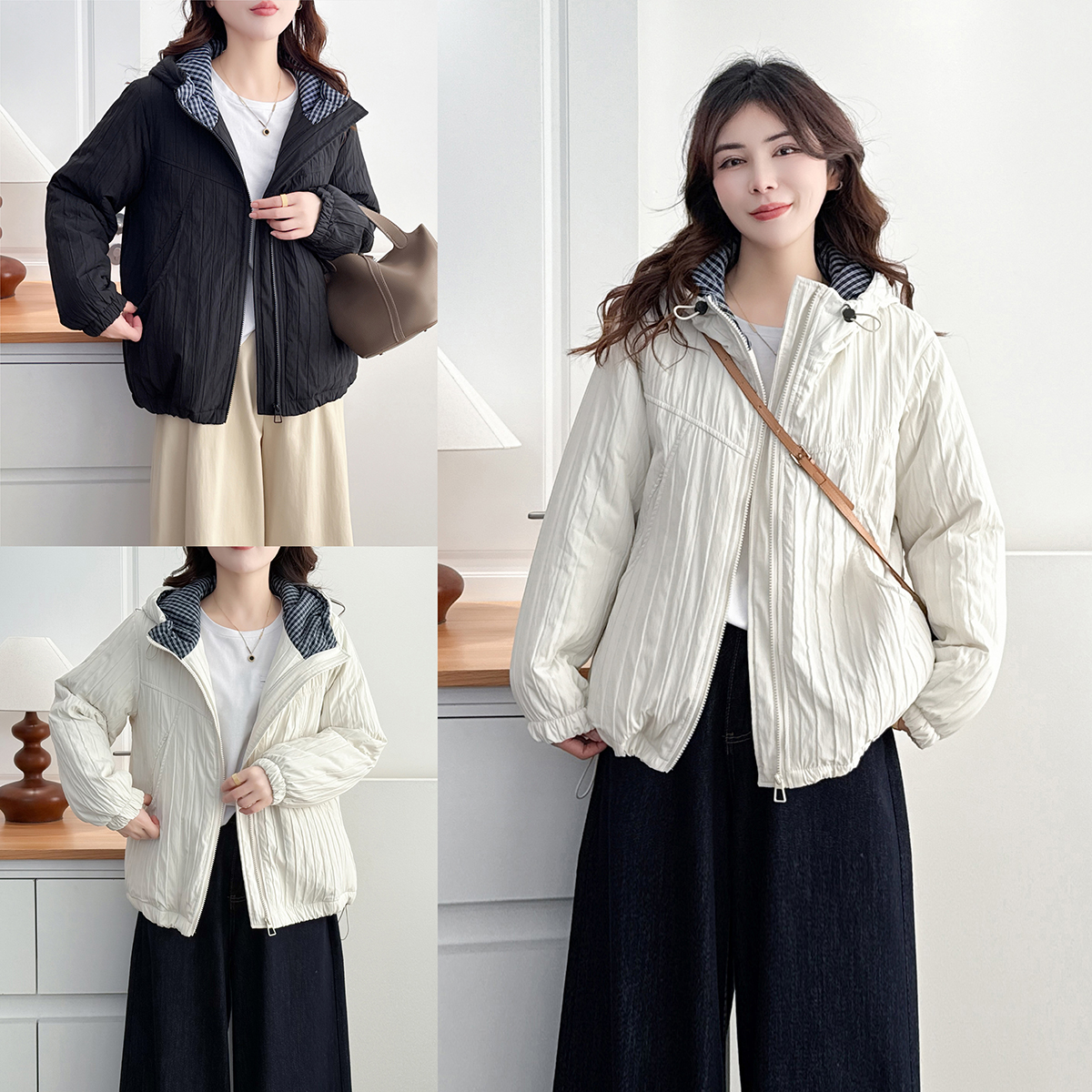 大码小棉衣秋冬季格子拼接棉服女