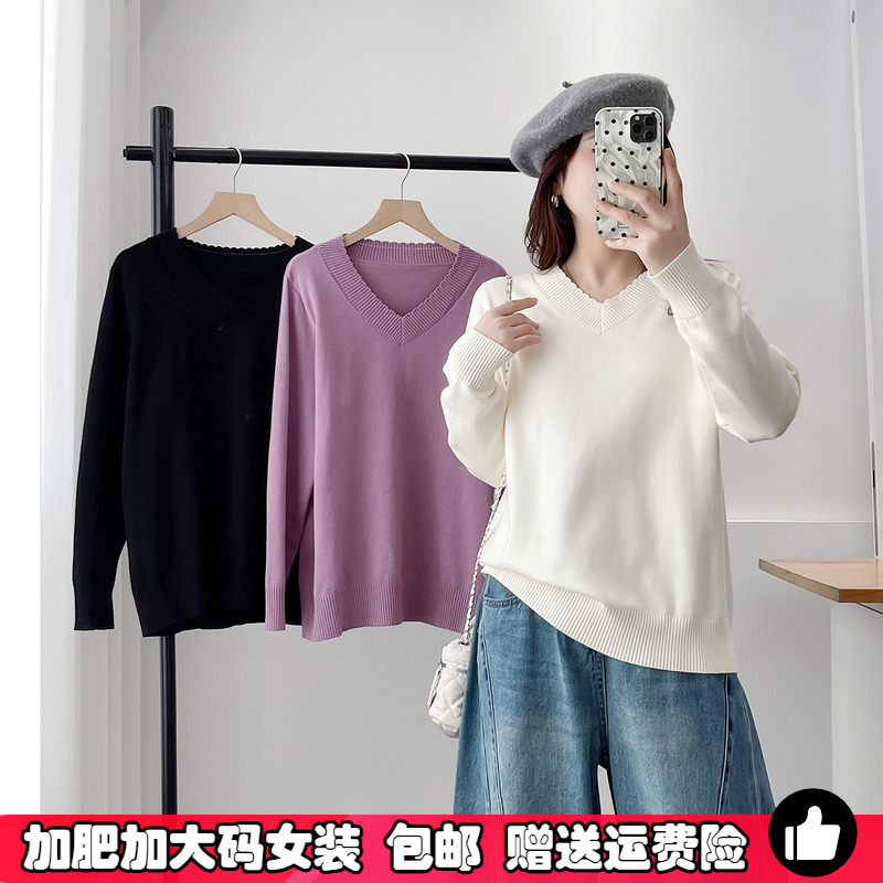 大码慵懒风v领毛衣女秋冬针织衫