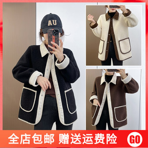 大码女装时尚拼色羊羔毛外套胖MM200斤加肥加大显瘦气质毛绒上衣