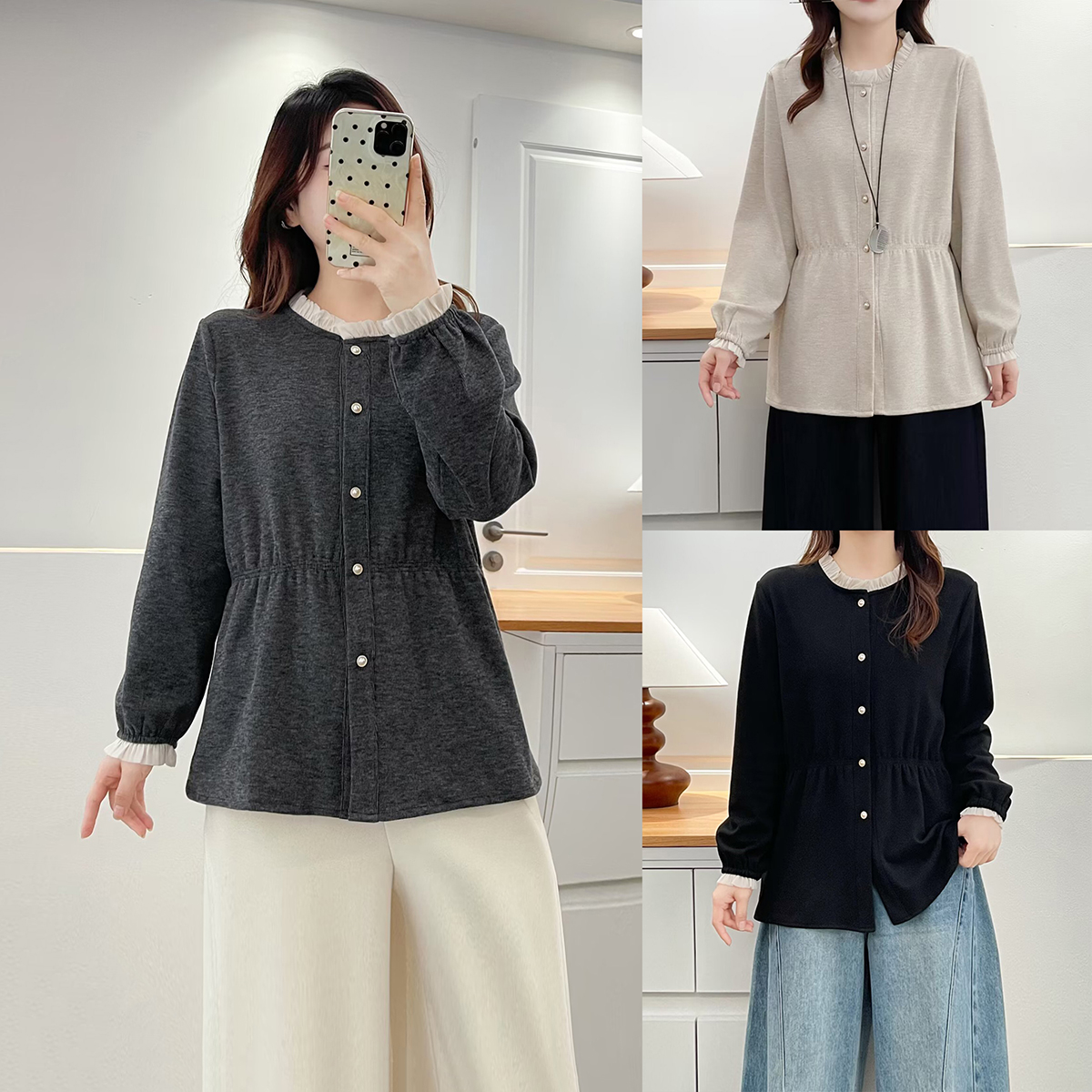 大码女装超好看灰色打底衫秋冬季