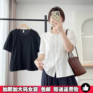 显瘦短袖 大码 衬衫 女士200斤胖妹妹夏季 夏季 蕾丝拼接小衫 新款