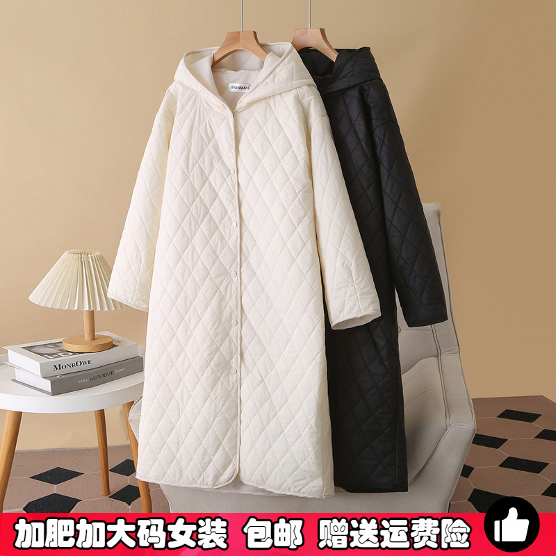 特大码棉衣女长款过膝连帽棉服冬