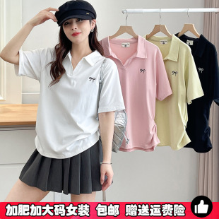 胖mm收腰遮肉显瘦小上衣 t恤女夏季 大码 设计感Polo领白色正肩短袖