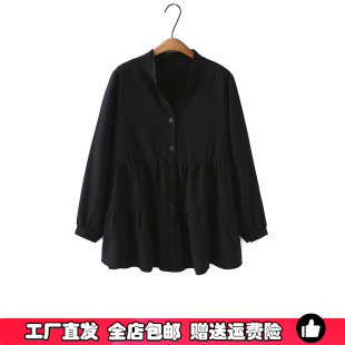特大码荷叶边雪纺衬衫女春胖MM加肥中长款宽松显瘦遮肉长袖娃娃衫