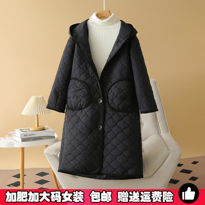 大码秋冬季薄款羽绒棉服女中长款韩版连帽棉衣胖mm显瘦冬装长外套