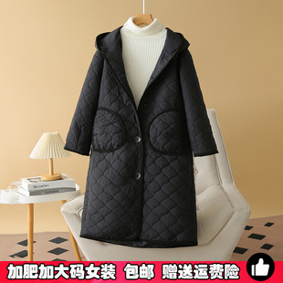 大码秋冬季薄款羽绒棉服女中长款韩版连帽棉衣胖mm显瘦冬装长外套