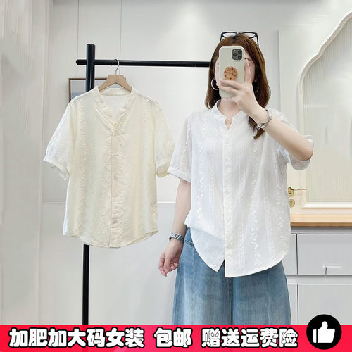 刺绣纯棉短袖衬衫女大码夏季衬衣