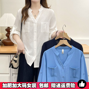 早秋季薄款大码长袖衬衫女200斤胖MM宽松纯色OL通勤衬衣打底衫女