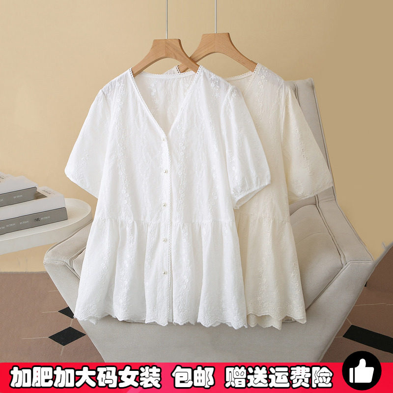 2026胖mm夏季大码纯棉刺绣V领短袖衬衫女装衬衣下摆荷叶边女上衣