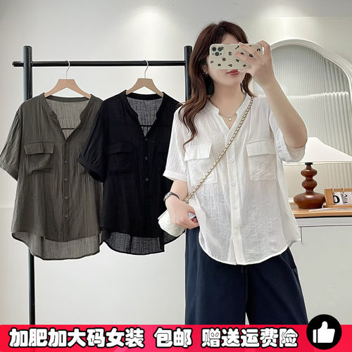 大码胖mm韩版半开领短袖衬衫女夏
