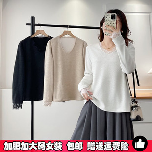 大码胖mm长袖T恤秋装2026女款蕾丝拼接打底衫气质休闲慵懒风内搭
