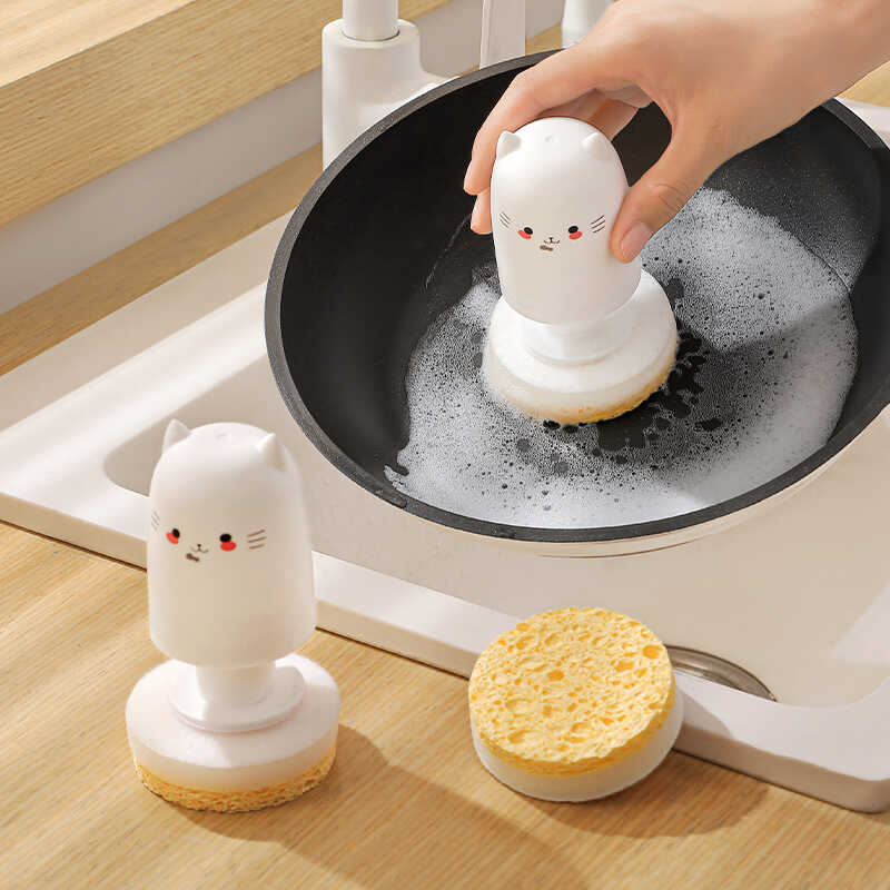卡通猫咪锅刷家用洗锅刷子刷头可替换装刷子厨房专用木浆海绵刷碗
