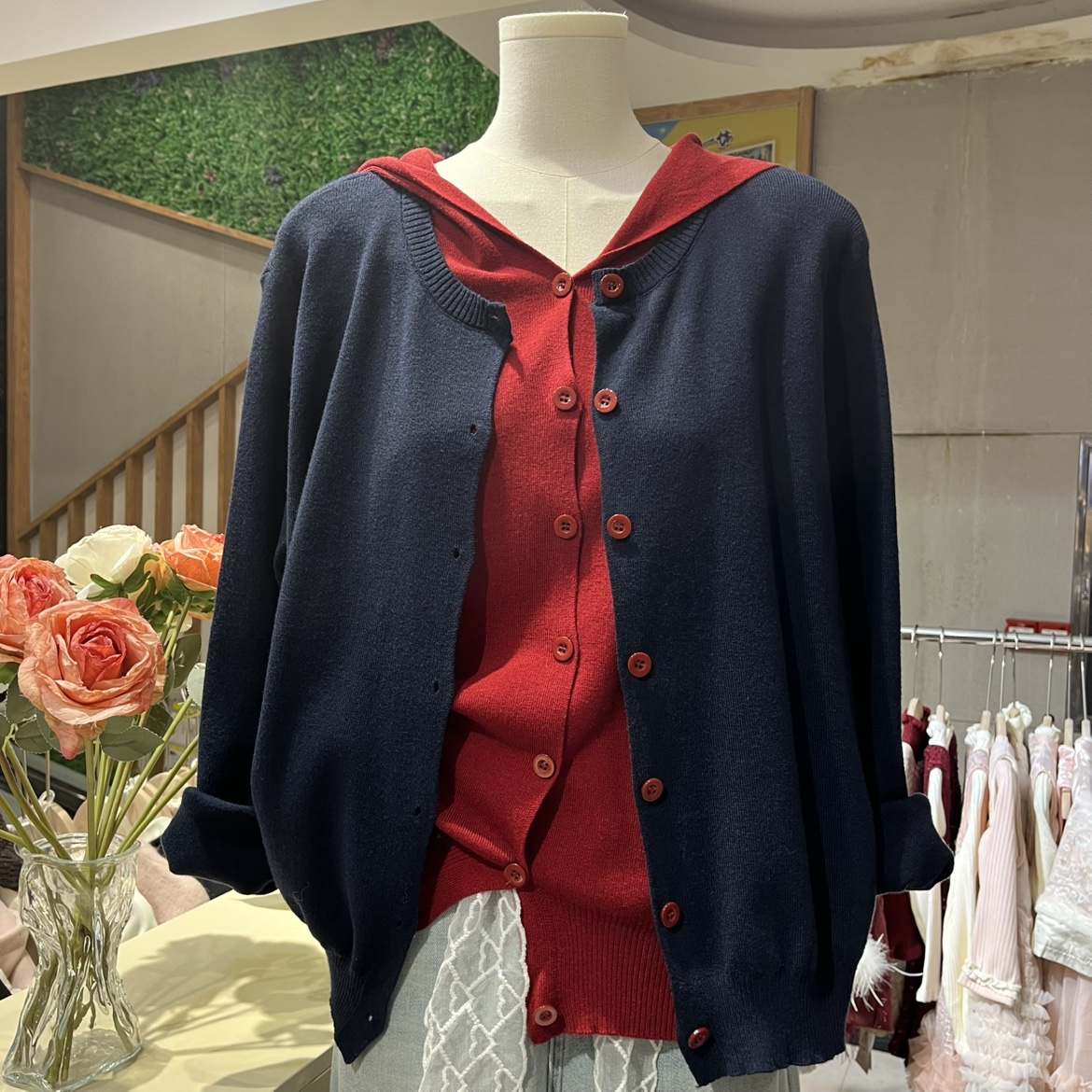 大码胖MM假两件撞色毛衣女士秋季慵懒风宽松显瘦连帽针织开衫上衣