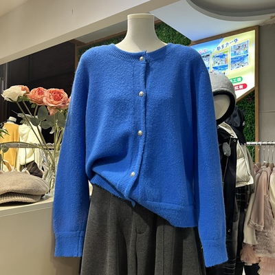 克莱因蓝色针织毛衣开衫外套女2025秋冬大码胖mm高级感巨好看上衣