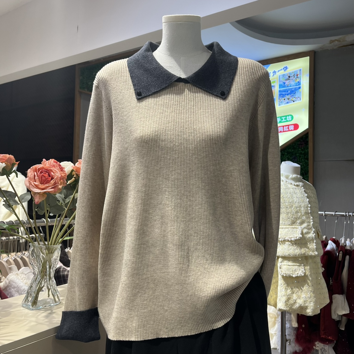 撞色翻领细羊毛针织衫女欧洲站2025秋装新款欧货女装毛衣打底衫潮