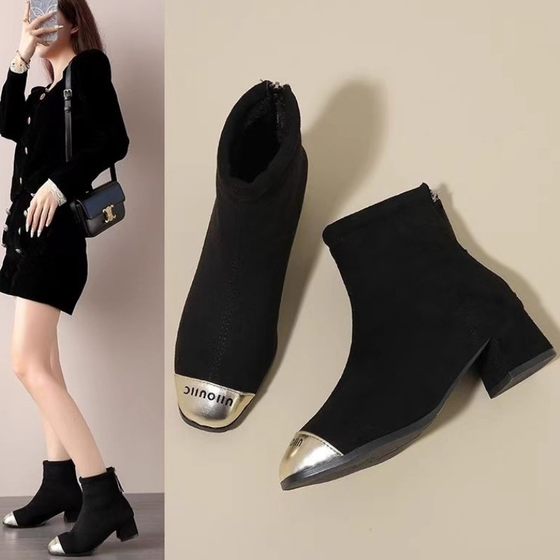 品牌撤柜真皮方头粗跟高跟小短靴秋冬新款欧货法式高级感瘦瘦靴女