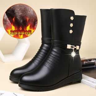 冬季 平底女靴雪地中筒靴中老年女士真皮加绒保暖软底防滑妈妈棉鞋
