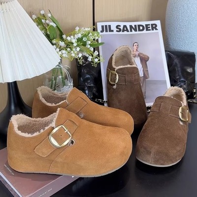 品牌撤柜真皮5CM增高全包磨砂复古勃肯鞋加绒厚底毛毛博肯鞋棉鞋