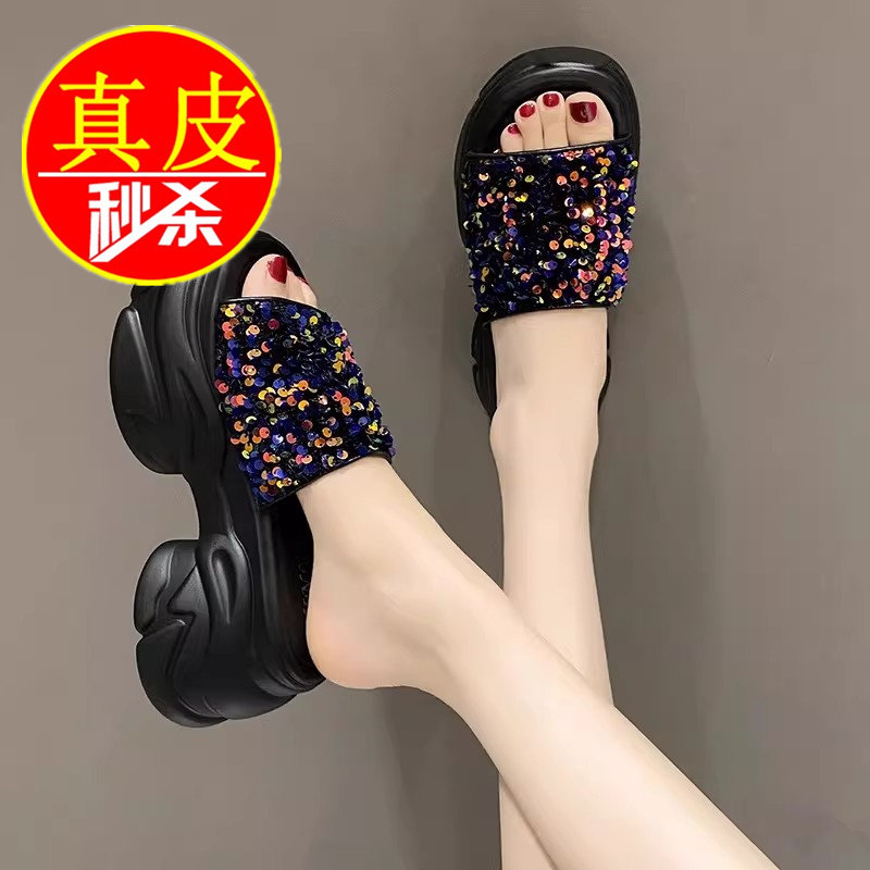 品牌撤柜真皮春夏2026厚底拖鞋女韩版增高松糕凉鞋亮片休闲一字拖