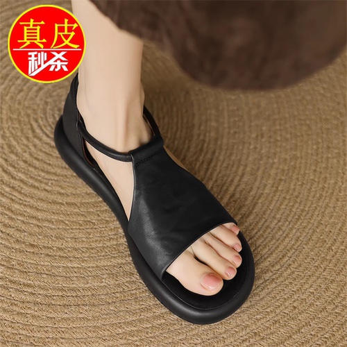 品牌撤柜真皮春夏2026法式平底凉鞋女不累脚复古风露趾休闲罗马鞋