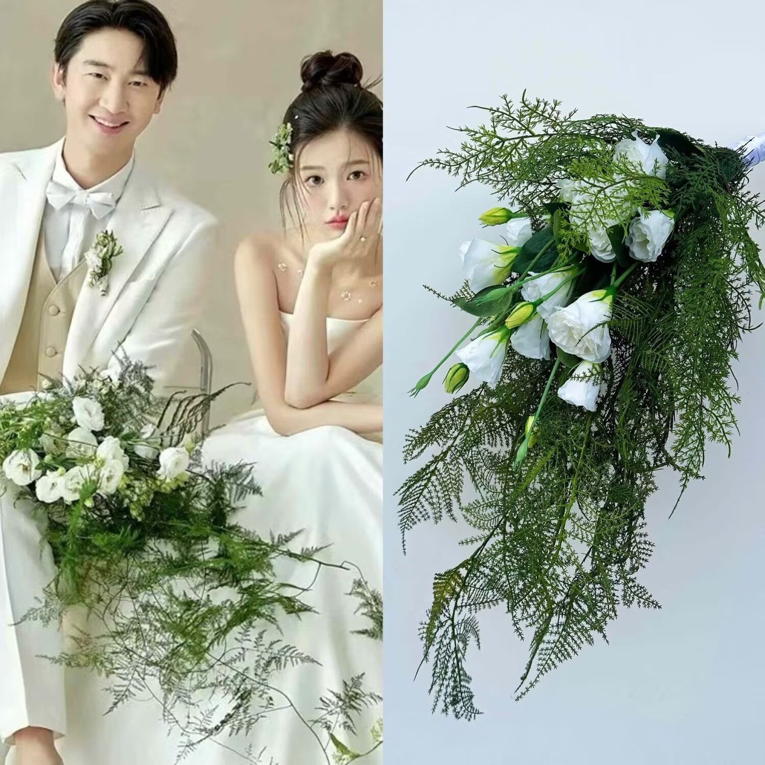 高级感水滴新娘白色瀑布仿真花影楼婚纱摄影拍照道具结婚手捧花