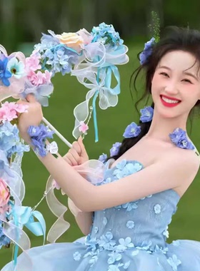 外景森系婚纱照道具蓝色绣球花朵弓箭粉色粘花蕾丝蝴蝶结竹木弓箭