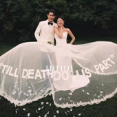 超长蕾丝边白字母头纱外景草坪婚纱摄影拍照道具新娘字母头纱