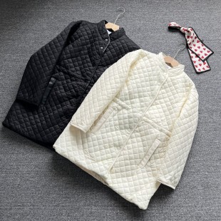 棉衣 收腰显瘦设计感立领休闲中长款 菱形格夹棉棉服女秋冬季 新款