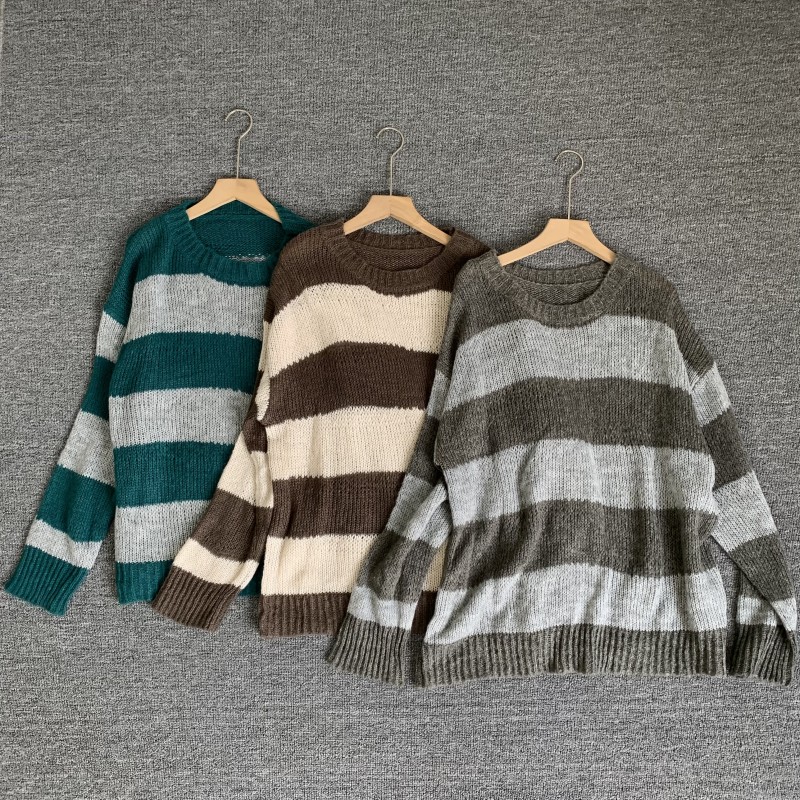 撞色条纹慵懒风针织衫女羊毛衫