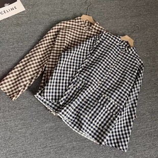 日系大码文艺复古棉麻衬衫女新款小立领大口袋格子长袖衬衫外套