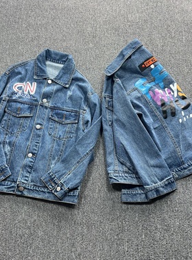 童装110-170码中大童男女童春秋印花休闲百搭翻领单排扣牛仔外套