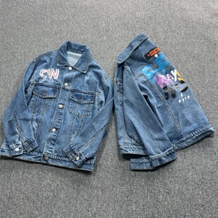 童装110-170码中大童男女童春秋印花休闲百搭翻领单排扣牛仔外套