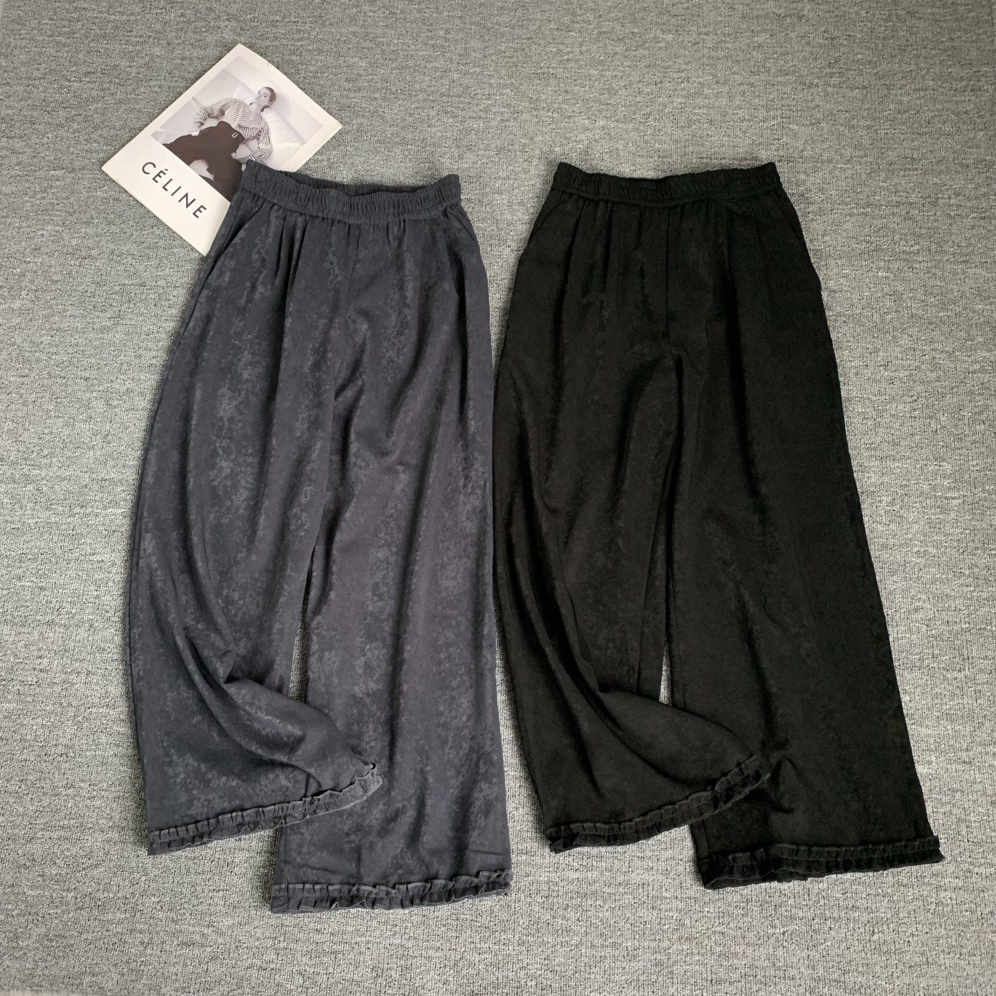 大码女裤韩版花边阔腿裤女秋季新款松紧腰休闲直筒显瘦垂感长裤